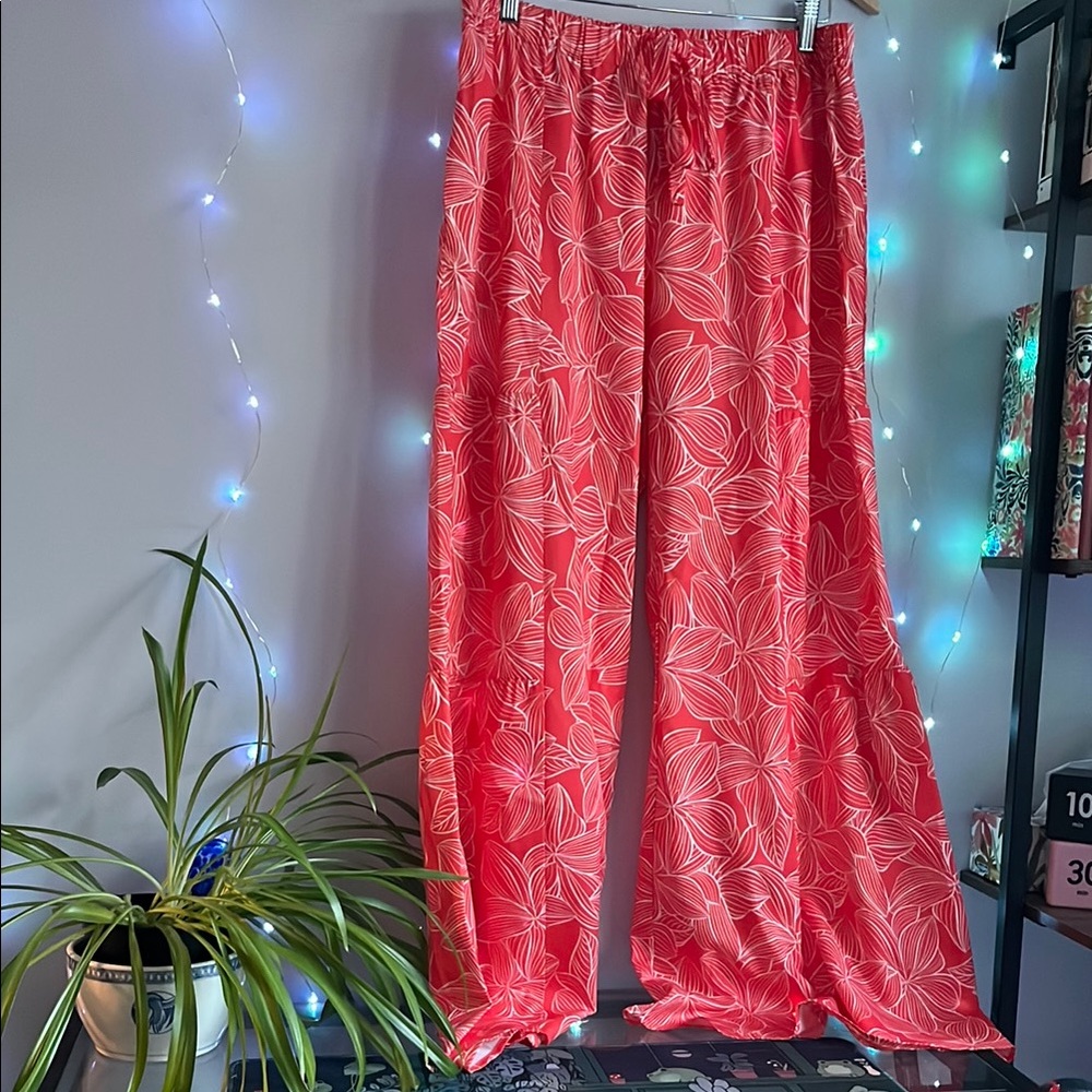 Pink Wide Leg Satin Pants with Floral Pattern